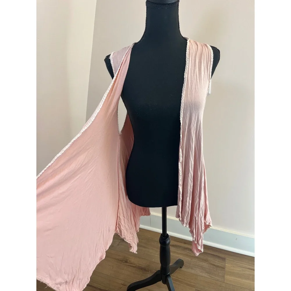 POL Pink Crochet Lace Trim Open Front Sleeveless Cardigan Vest Womens M Boho